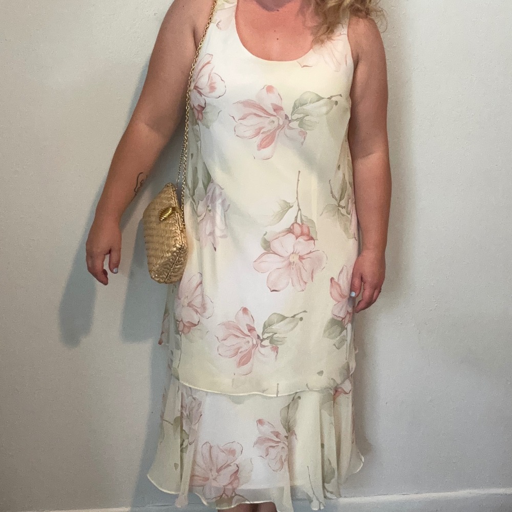 JBS Ltd 90s Women's 16W Floral‎ Dress Butter Cream Sleeveless Tiered Ruffle Hem